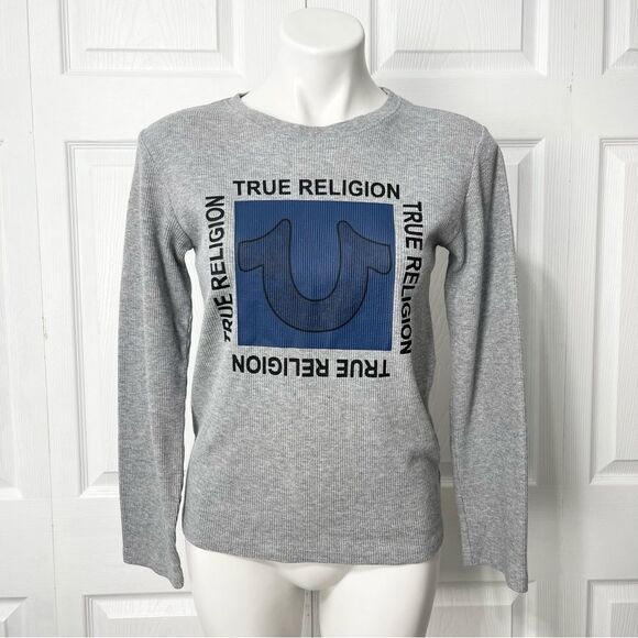 True Religion Gray Long Sleeve Thermal Knit Shirt Blue Square Logo, Size L 14-16 - Picture 1 of 11